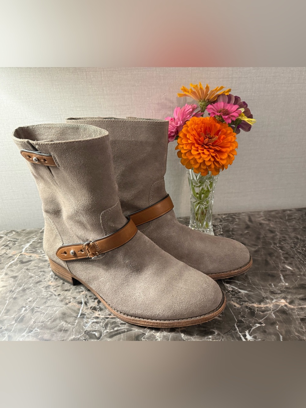 Coach Taupe Suede Ankle Boots with Tan Leather Strap